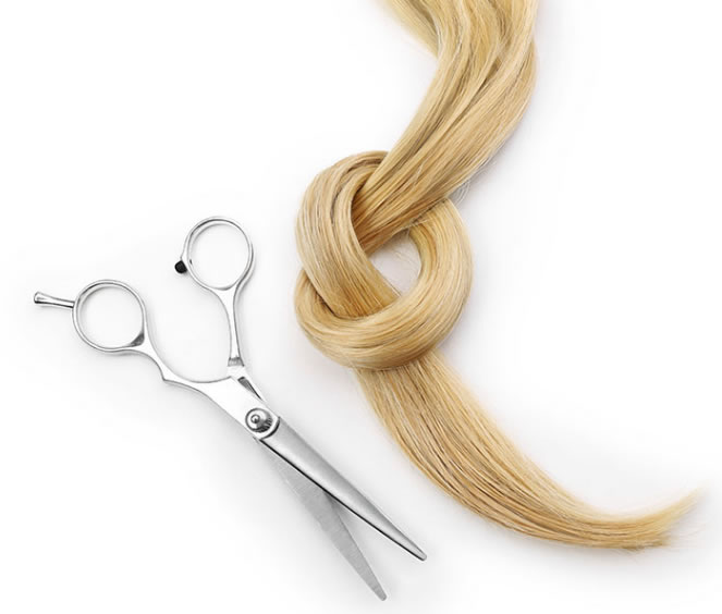 A pair of scissors and some hair on a white background